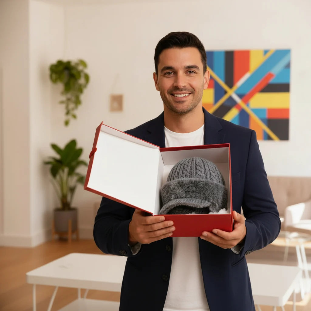Mann zeigt graue Mütze mit Schirm in einer Geschenkbox