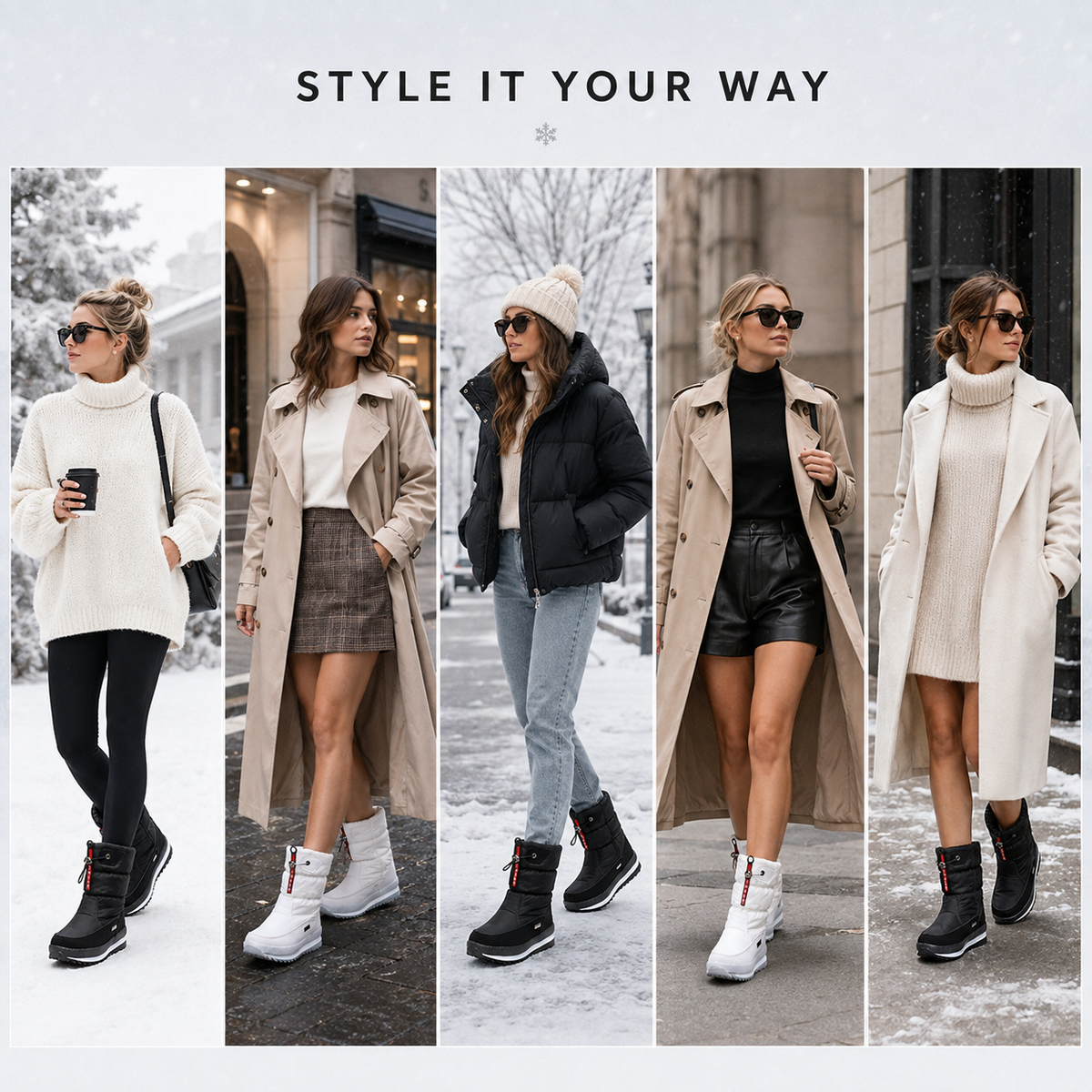 Winterstiefel Damen gefüttert – fünf Outfits mit schwarzen und weißen Stiefeln