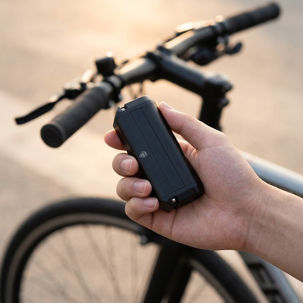 Fahrrad-Frontlicht LED kompakt in der Hand vor dem Fahrrad