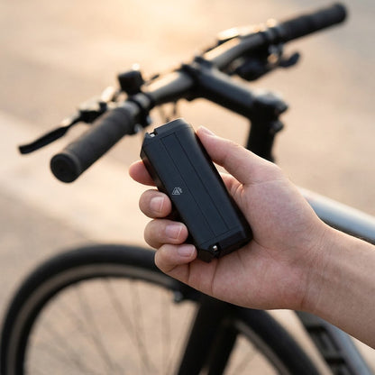 Fahrrad-Frontlicht LED kompakt in der Hand vor dem Fahrrad
