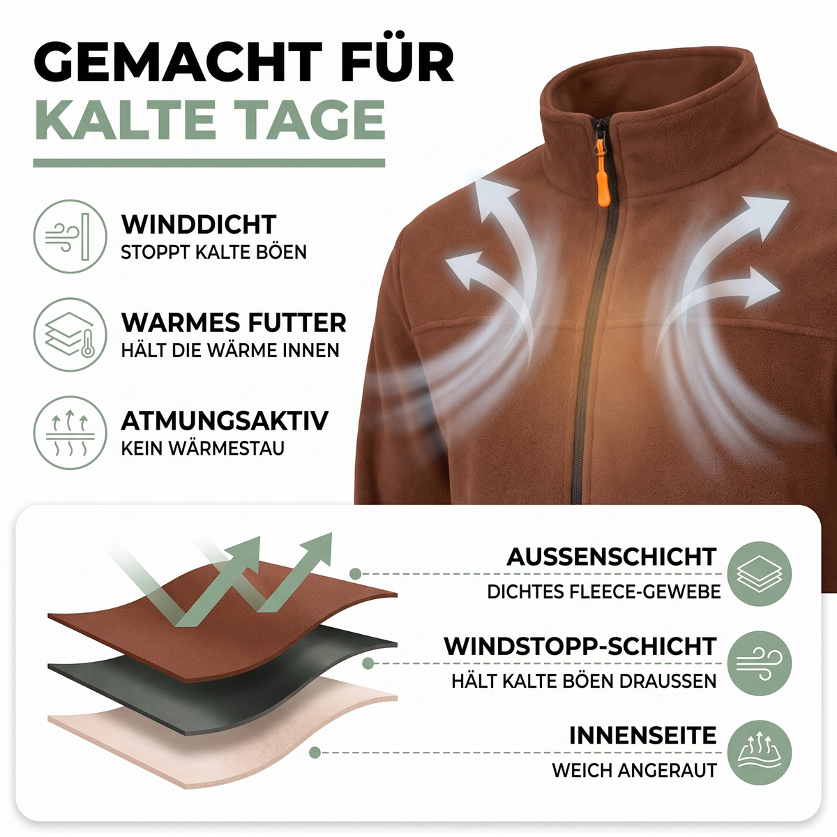 Fleecejacke Herren rostbraun mit Stehkragen und Reißverschluss – warm und winddicht