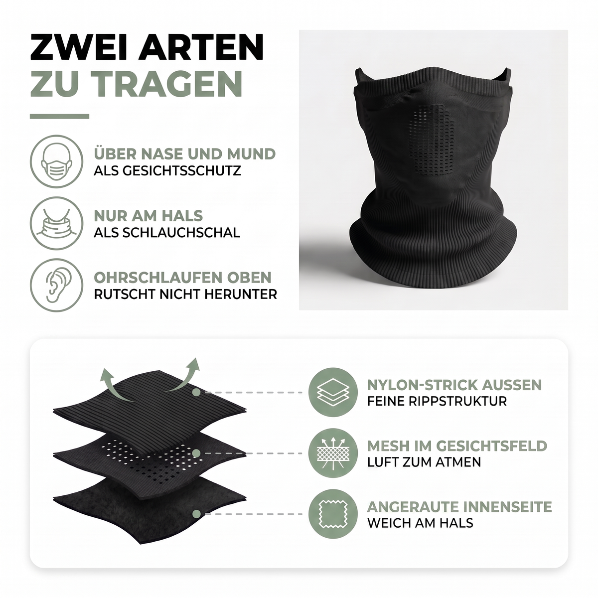 Zwei Trageweisen des Schlauchschals und Aufbau aus Nylon-Strick, Mesh-Feld und angerauter Innenseite