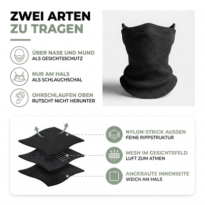Zwei Trageweisen des Schlauchschals und Aufbau aus Nylon-Strick, Mesh-Feld und angerauter Innenseite