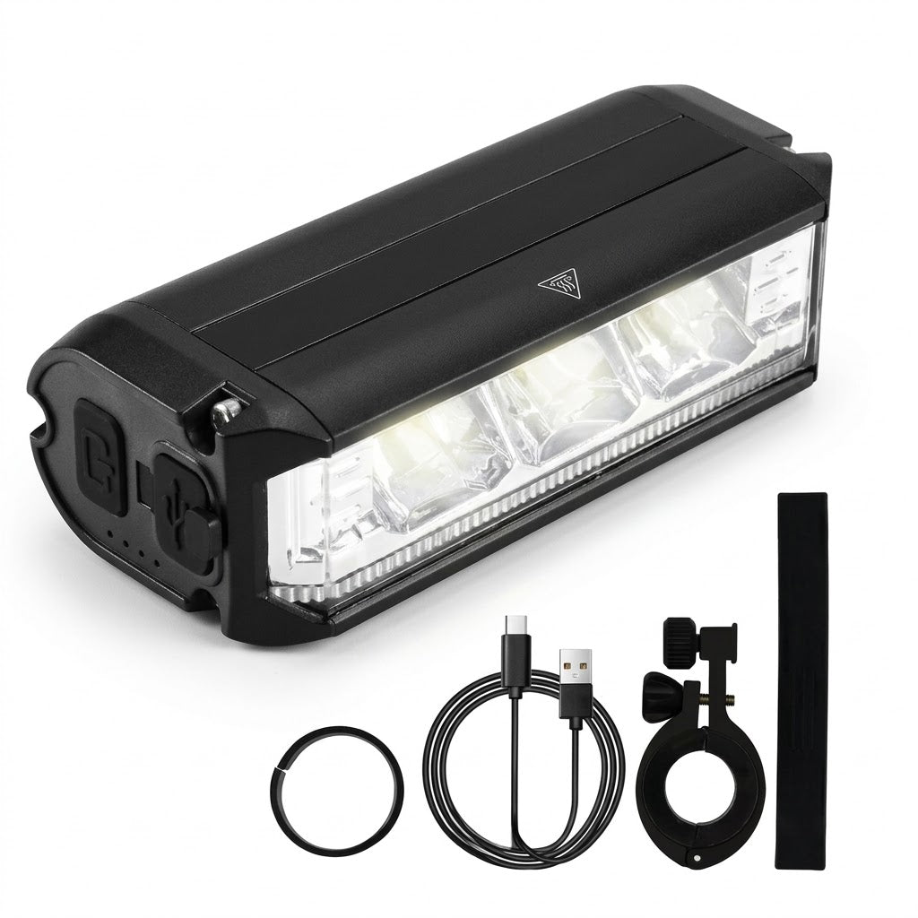 Fahrrad-Frontlicht LED mit Ladekabel, Halterung, Gummiring und Band auf Weiß