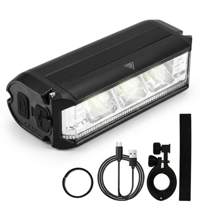 Fahrrad-Frontlicht LED mit Ladekabel, Halterung, Gummiring und Band auf Weiß