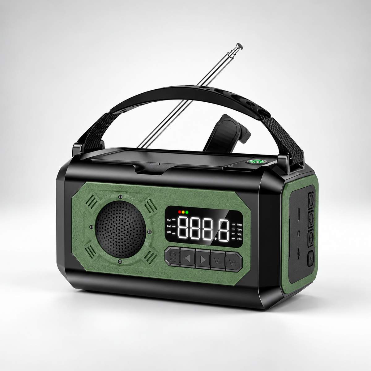 Kurbelradio in Grün – Produktfoto auf hellem Grund
