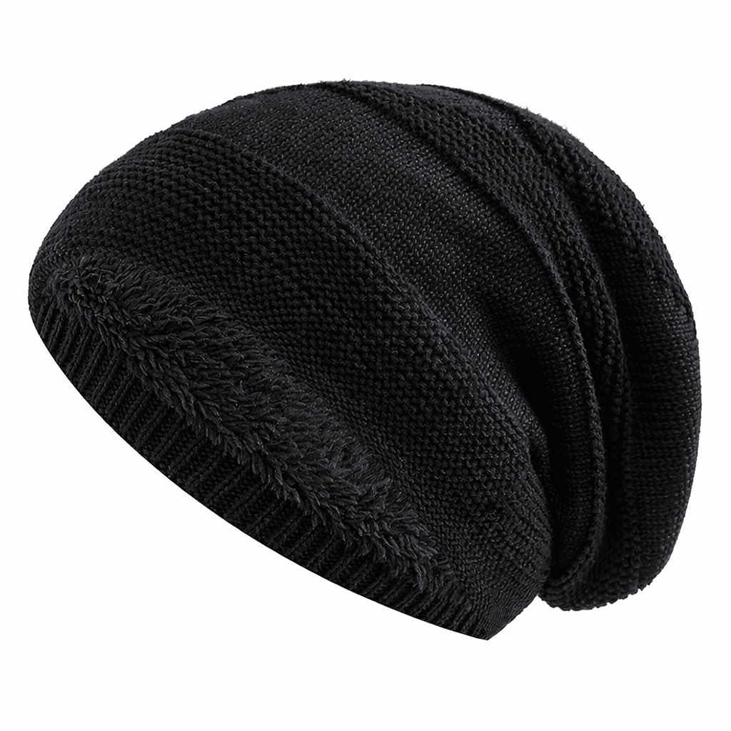 Fleecegefütterte Slouchy-Mütze in Schwarz auf weißem Hintergrund