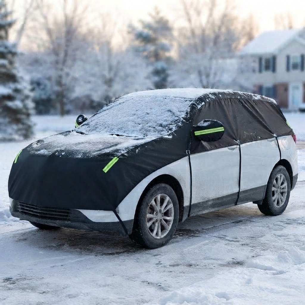 Autoabdeckung SUV Winter in Schwarz auf weißem SUV im Schnee
