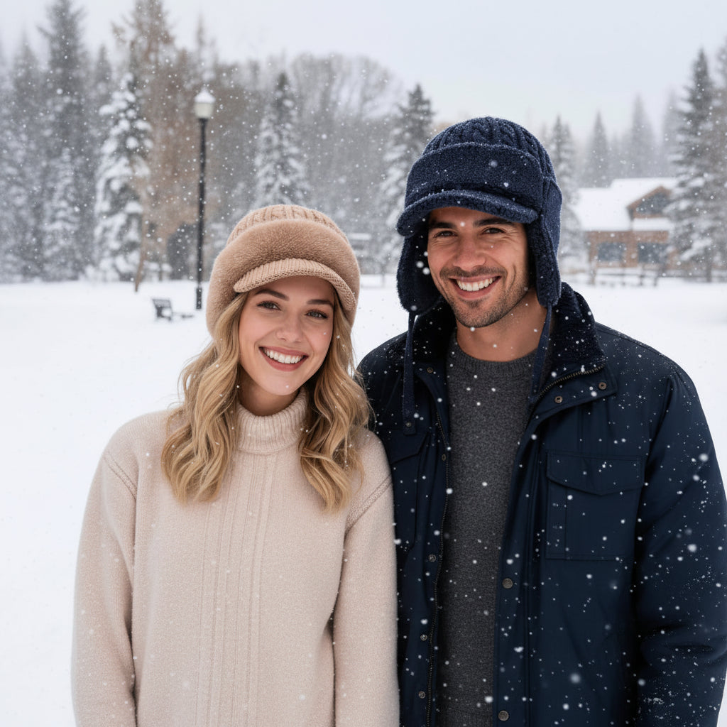 Paar im Schnee mit Wintermützen mit Ohrenklappen in Beige und Dunkelblau