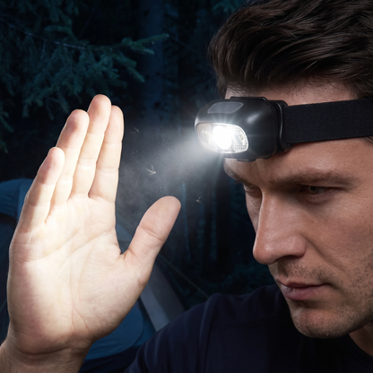 Mann schaltet seine Stirnlampe nachts am Zeltplatz mit einer Handbewegung ein