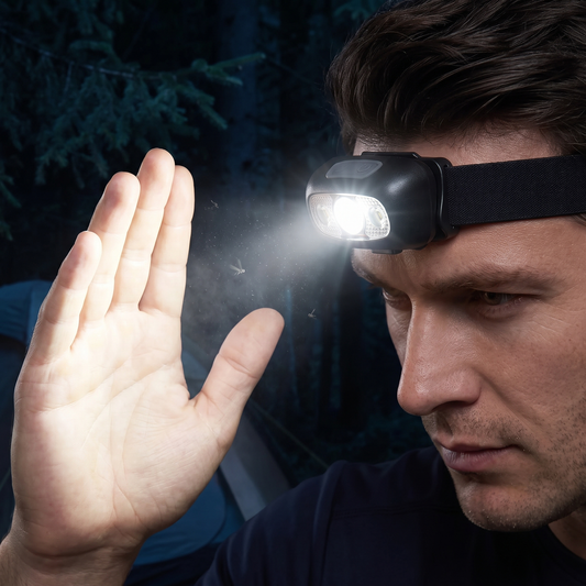 Mann schaltet seine Stirnlampe nachts am Zeltplatz mit einer Handbewegung ein