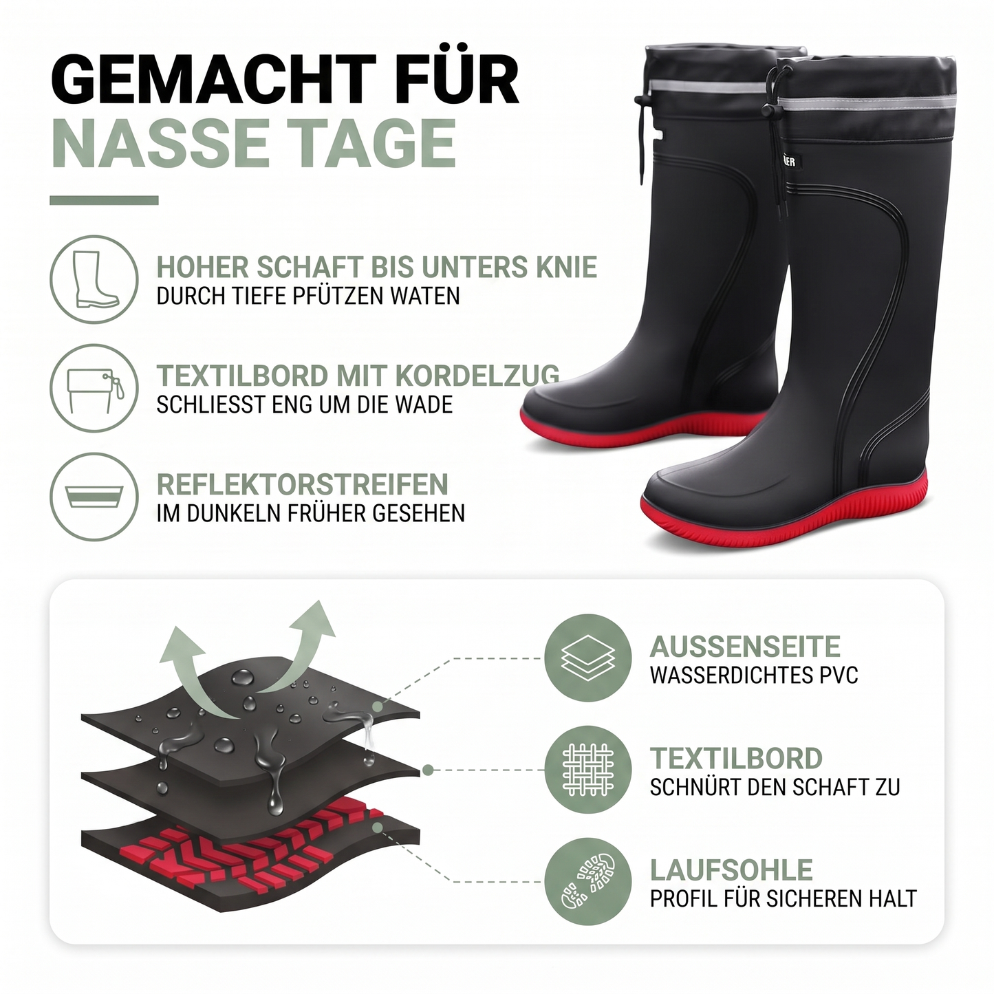Gummistiefel Herren & Damen - Hoher Schaft mit Kordelzug - Reflektorstreifen