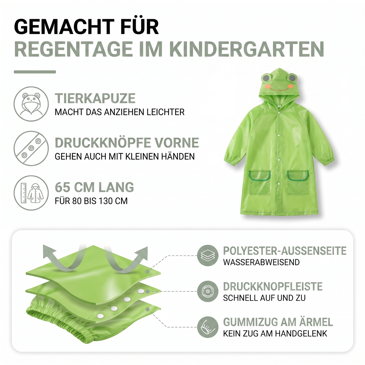 Aufbau des Kinder-Regenmantels: wasserabweisendes Polyester, Druckknopfleiste und Gummizug am Ärmel