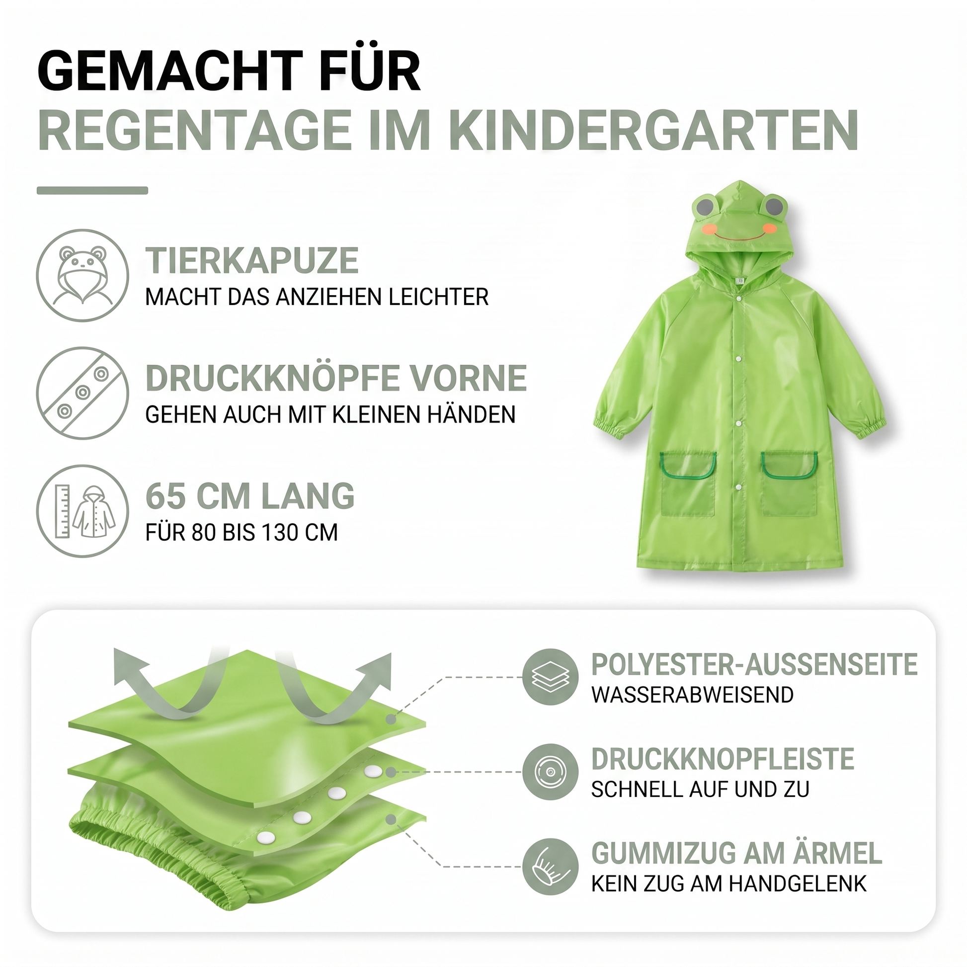 Aufbau des Kinder-Regenmantels: wasserabweisendes Polyester, Druckknopfleiste und Gummizug am Ärmel
