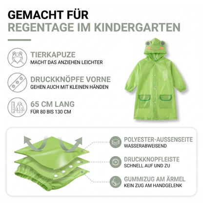 Aufbau des Kinder-Regenmantels: wasserabweisendes Polyester, Druckknopfleiste und Gummizug am Ärmel