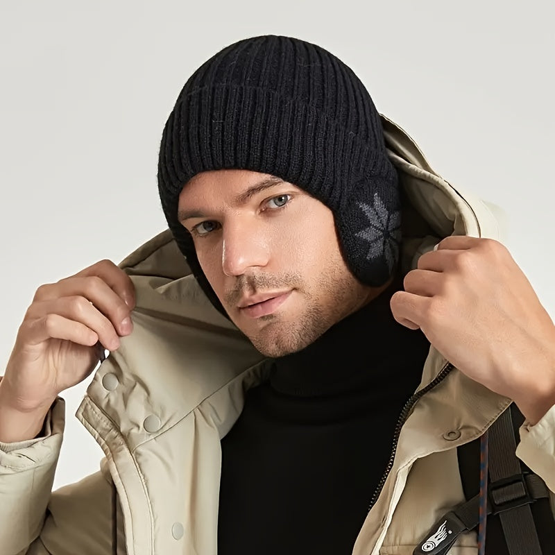 Mütze mit Ohrenklappen - Strickmütze Unisex - Schneeflockenmuster