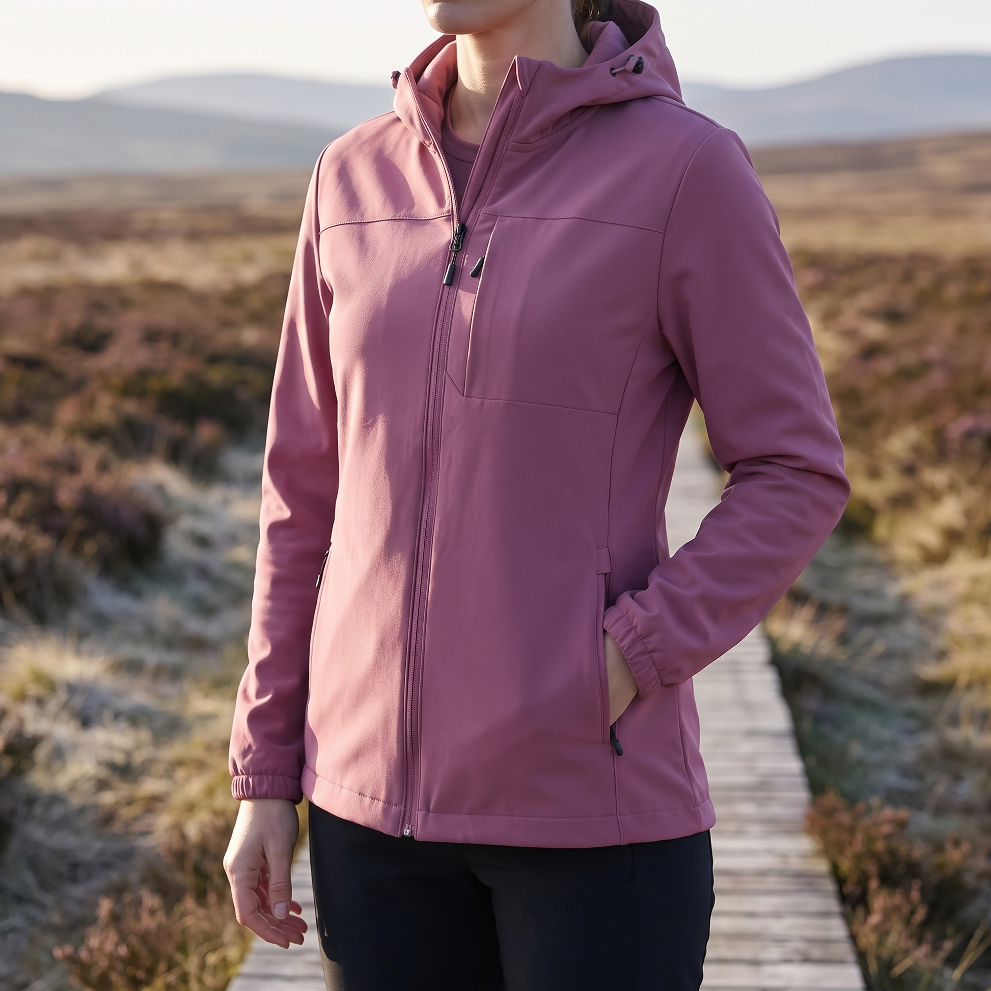 Frau in der beerefarbenen Softshelljacke auf einem Bohlenweg im Moor