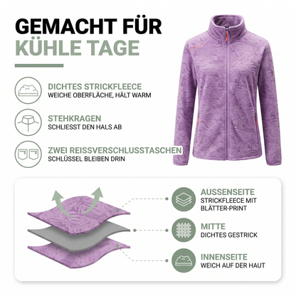 Fleecejacke Damen mit Stehkragen - Blätter-Print - Zwei Reißverschlusstaschen