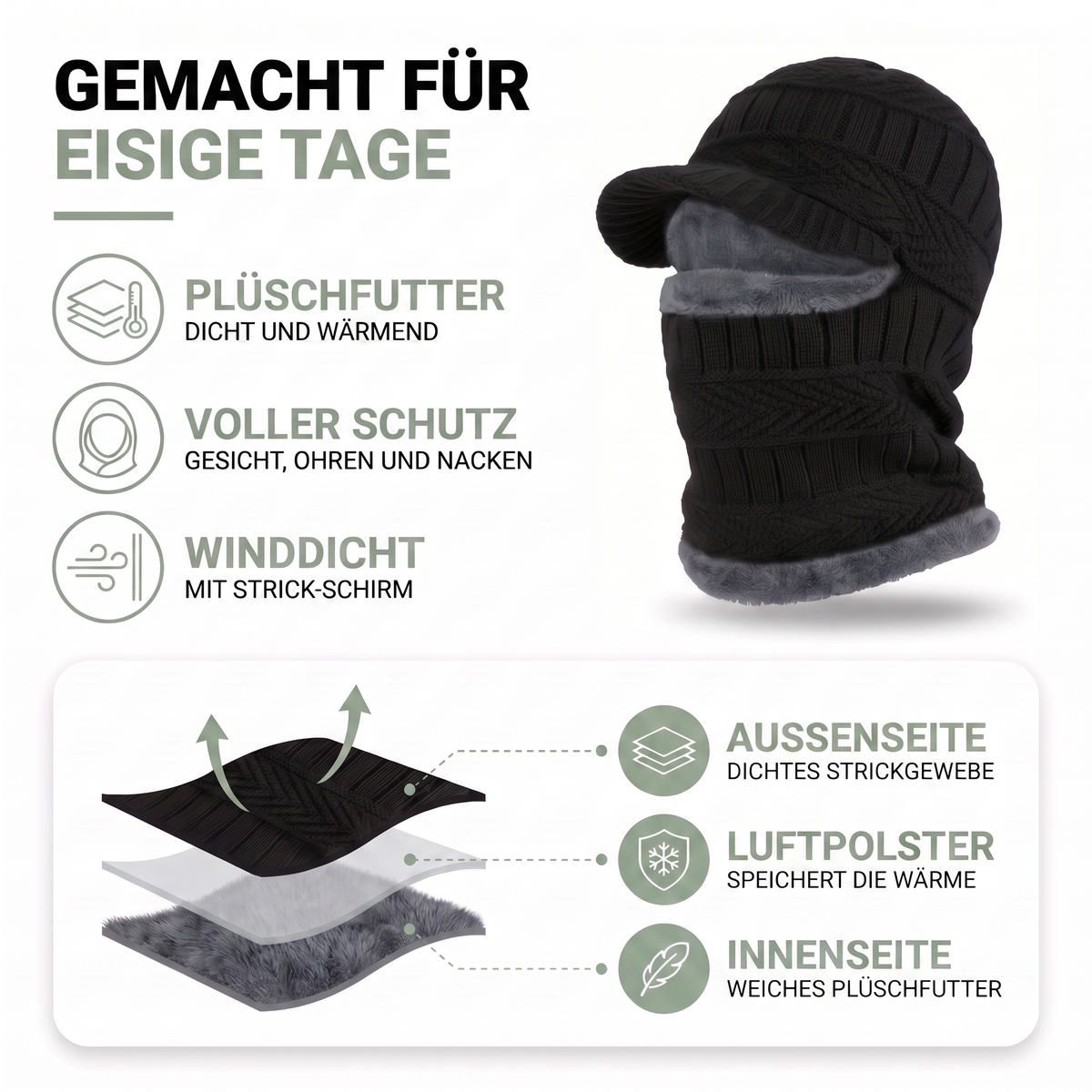 Materialaufbau der gefütterten Balaclava: dichtes Strickgewebe, Luftpolster, weiches Plüschfutter