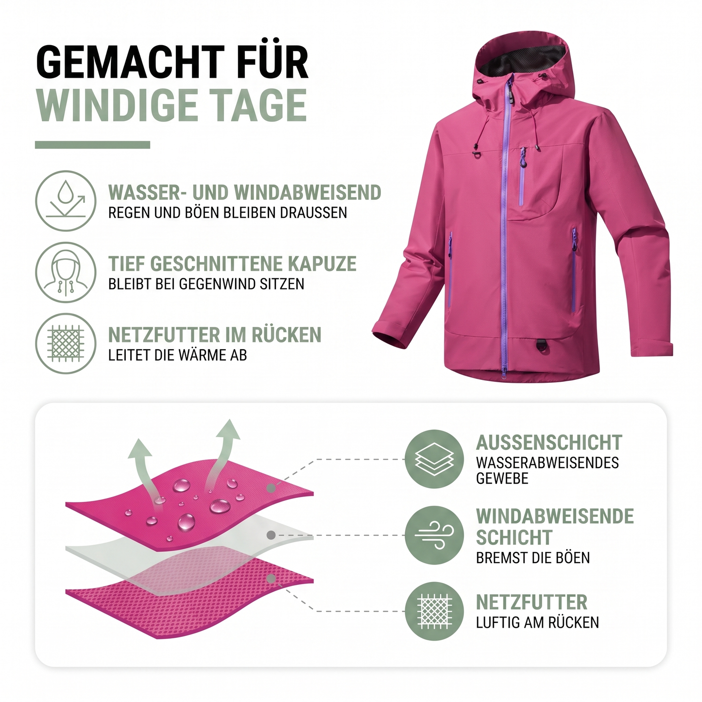 Regenjacke Damen mit Kapuze - Wasserabweisend - Netzfutter