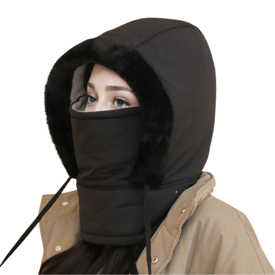 Sturmhaube Winter in Schwarz mit schwarzem Plüschrand und hochgezogenem Gesichtsschutz