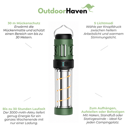 LED-Campinglampe mit Mückenschutz – 5 Lichtmodi – USB-Aufladbar mit Stativ