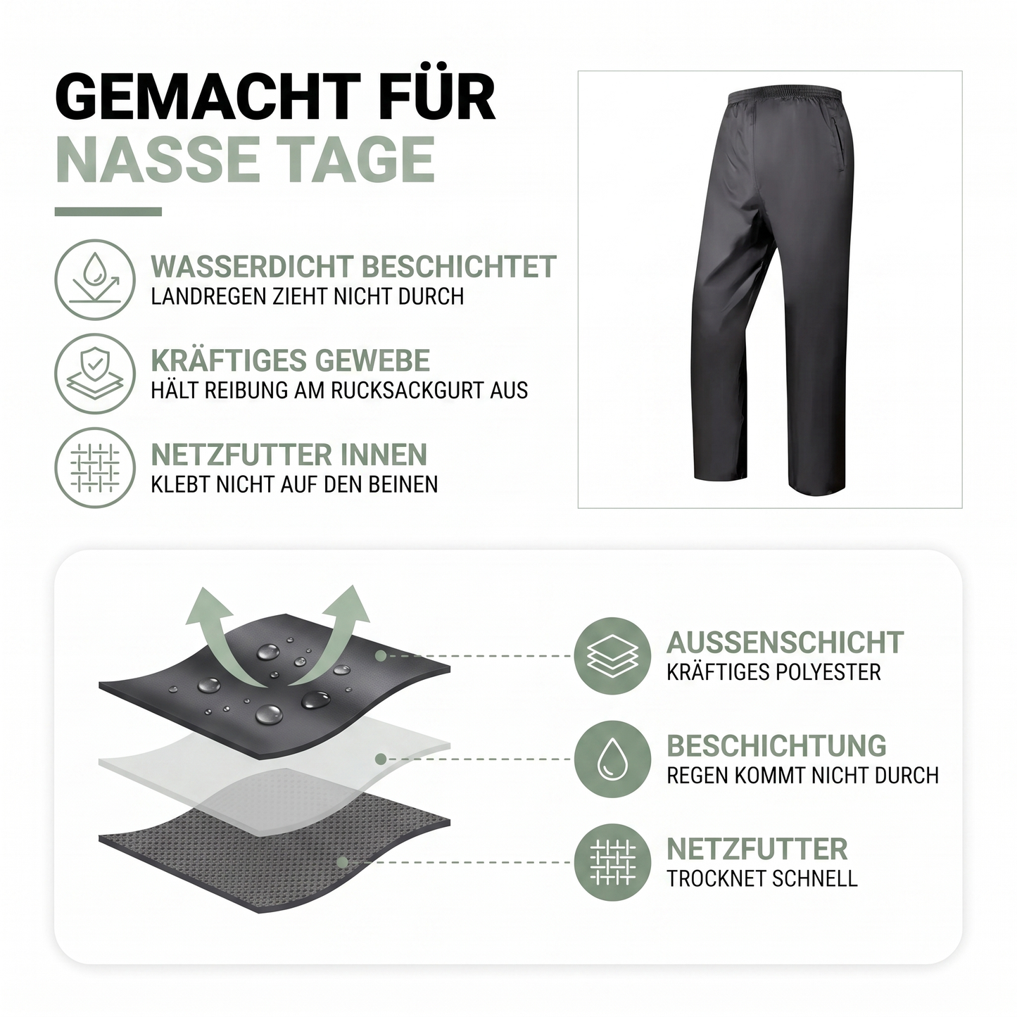 Regenhose wasserdicht - Outdoor & Wandern - mit Netzfutter