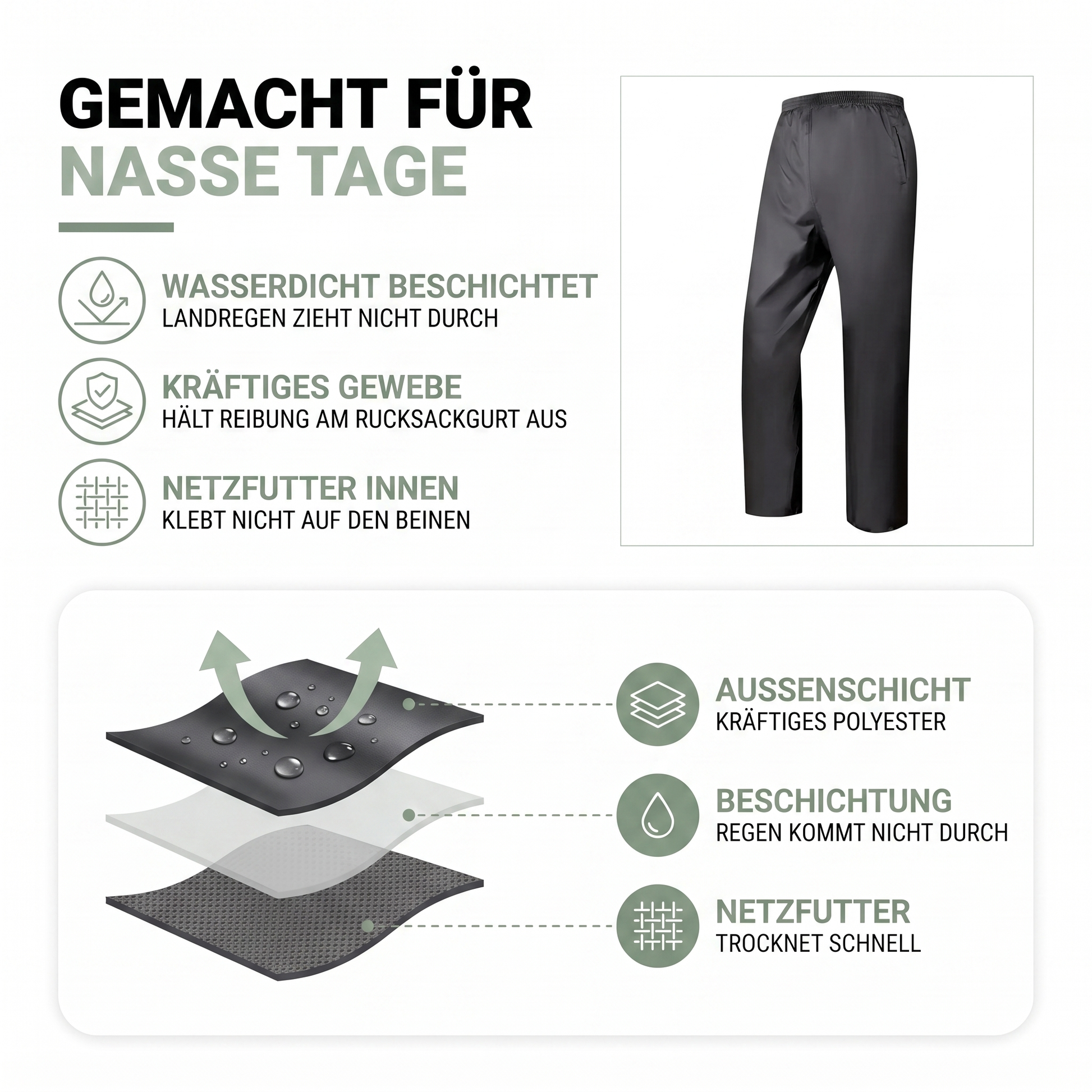 Regenhose wasserdicht - Outdoor & Wandern - mit Netzfutter