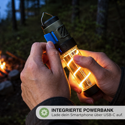 LED-Campinglampe mit Mückenschutz – 5 Lichtmodi – USB-Aufladbar mit Stativ
