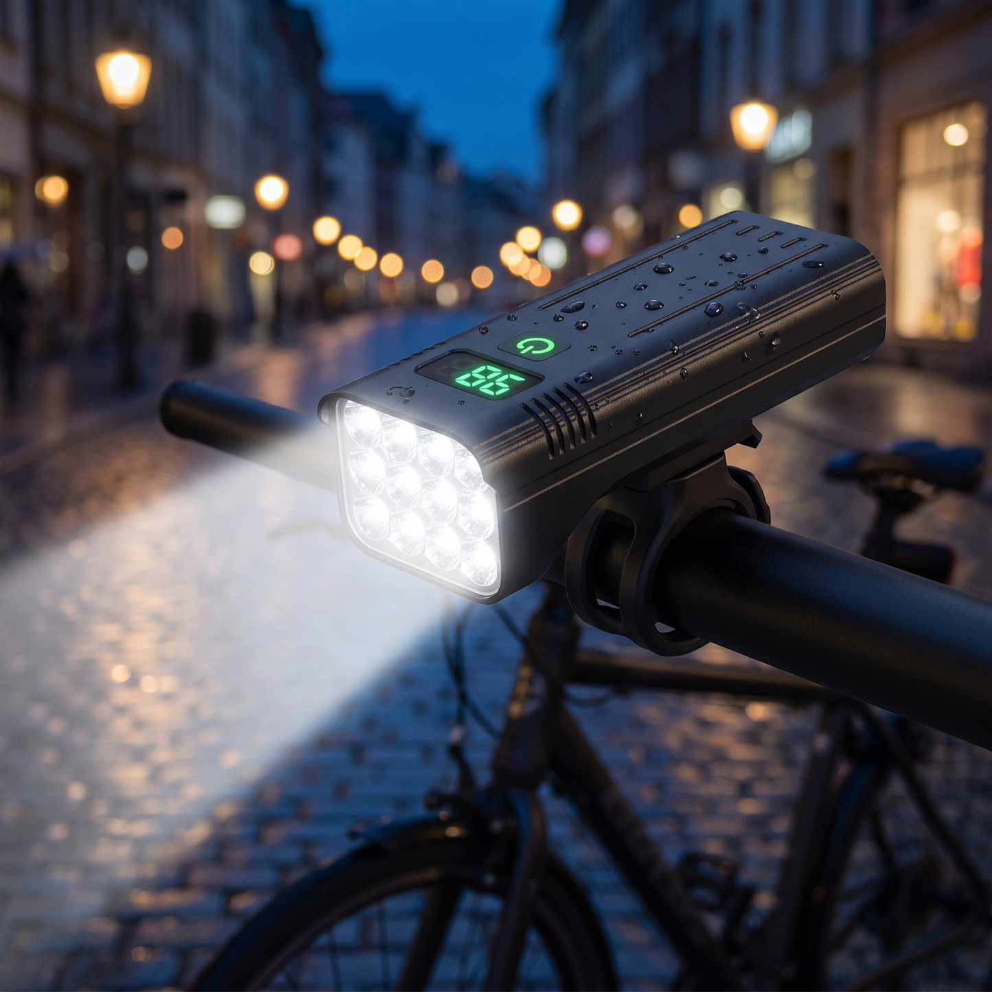Fahrradlicht mit leuchtender Digitalanzeige am Lenker in einer nassen Stadtstraße in der Dämmerung