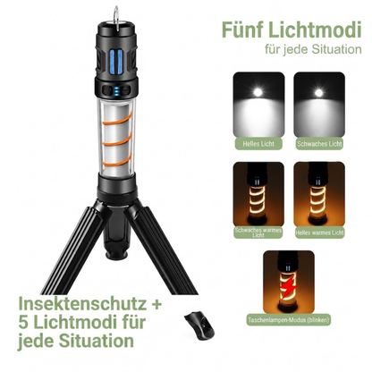 LED-Campinglampe mit Mückenschutz – 5 Lichtmodi – USB-Aufladbar mit Stativ