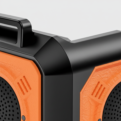 Kurbelradio Nahaufnahme von Gehäuse und Lautsprecher in Orange