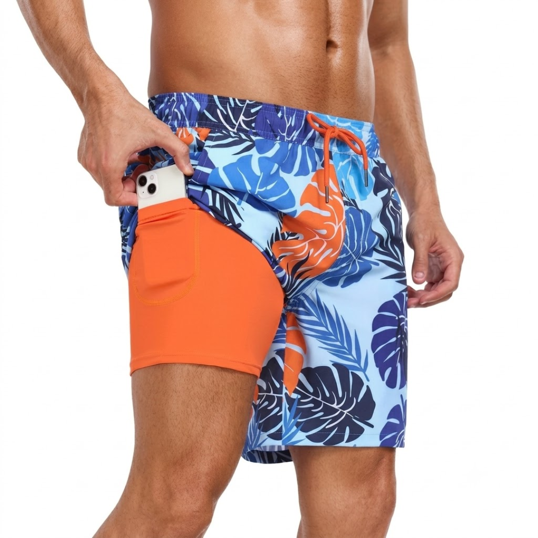 Tropische Badeshorts - Schnelltrocknend - Mit Handytasche