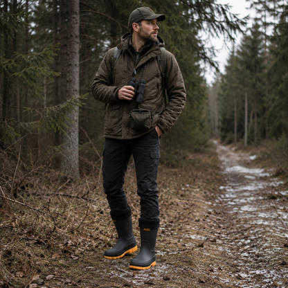 Gefütterte Gummistiefel getragen auf einem Waldweg