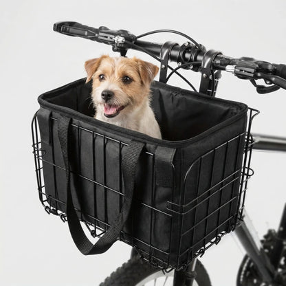 Fahrradkorb vorne in Schwarz am Lenker mit kleinem Hund – Produktfoto