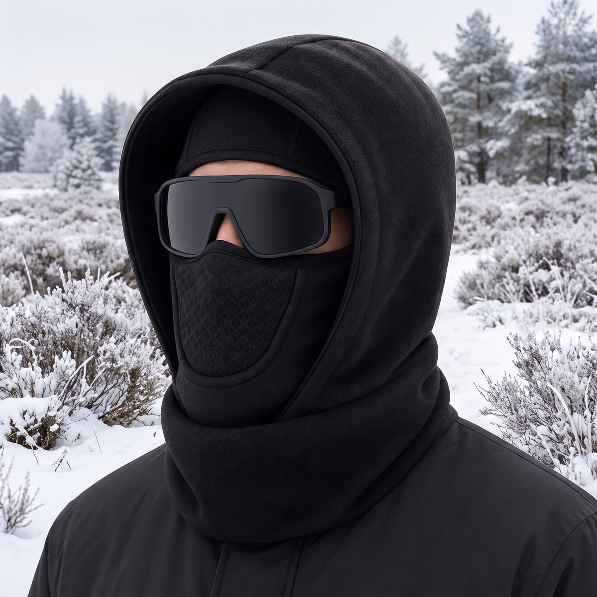 Fleece Sturmhaube in Schwarz mit Skibrille im verschneiten Heideland getragen