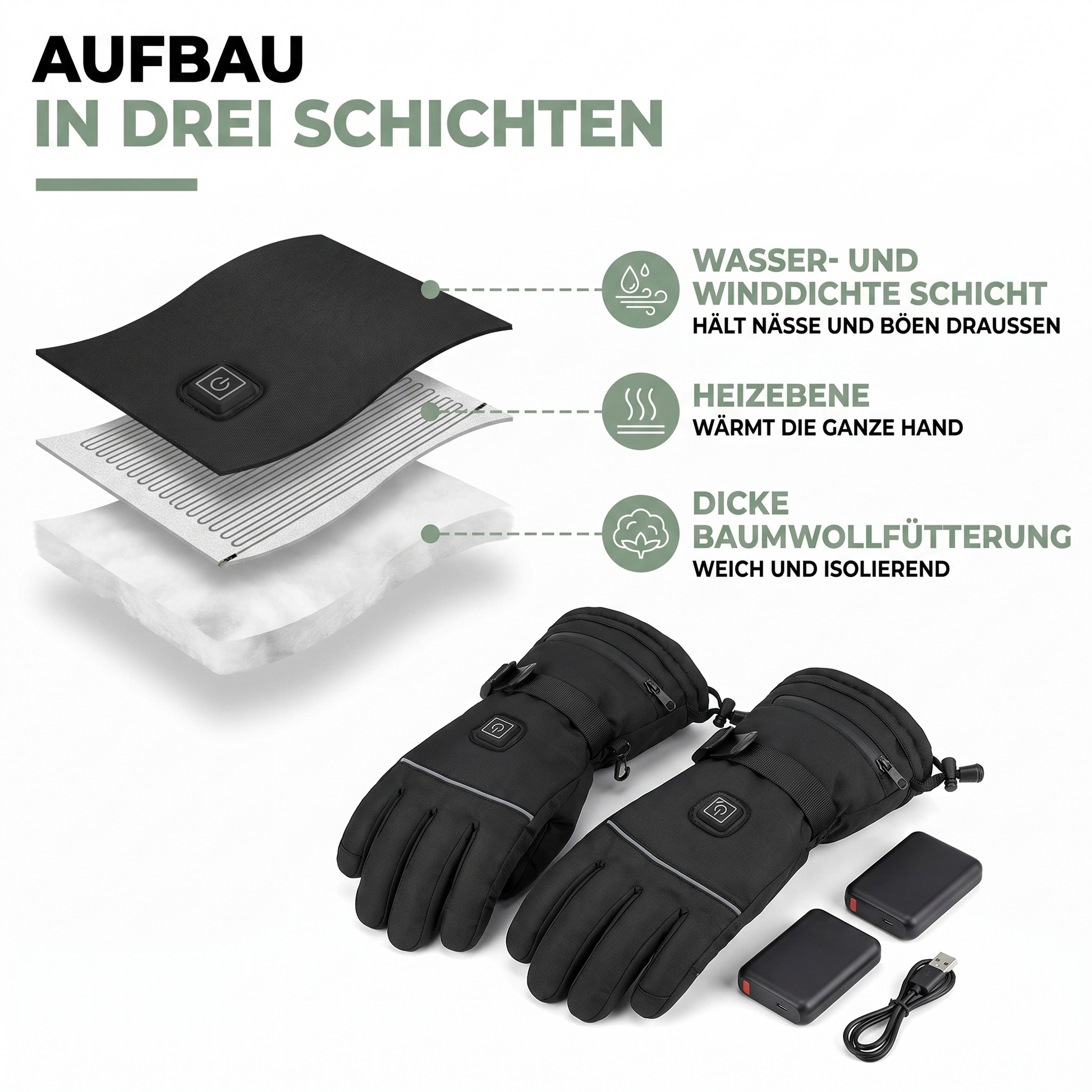 Beheizte Handschuhe mit 3 Heizstufen und Akku