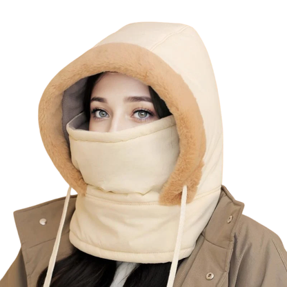 Sturmhaube Winter in Beige-Camel mit camelfarbenem Plüschrand und Gesichtsschutz