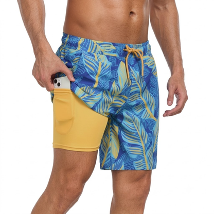 Tropische Badeshorts - Schnelltrocknend - Mit Handytasche