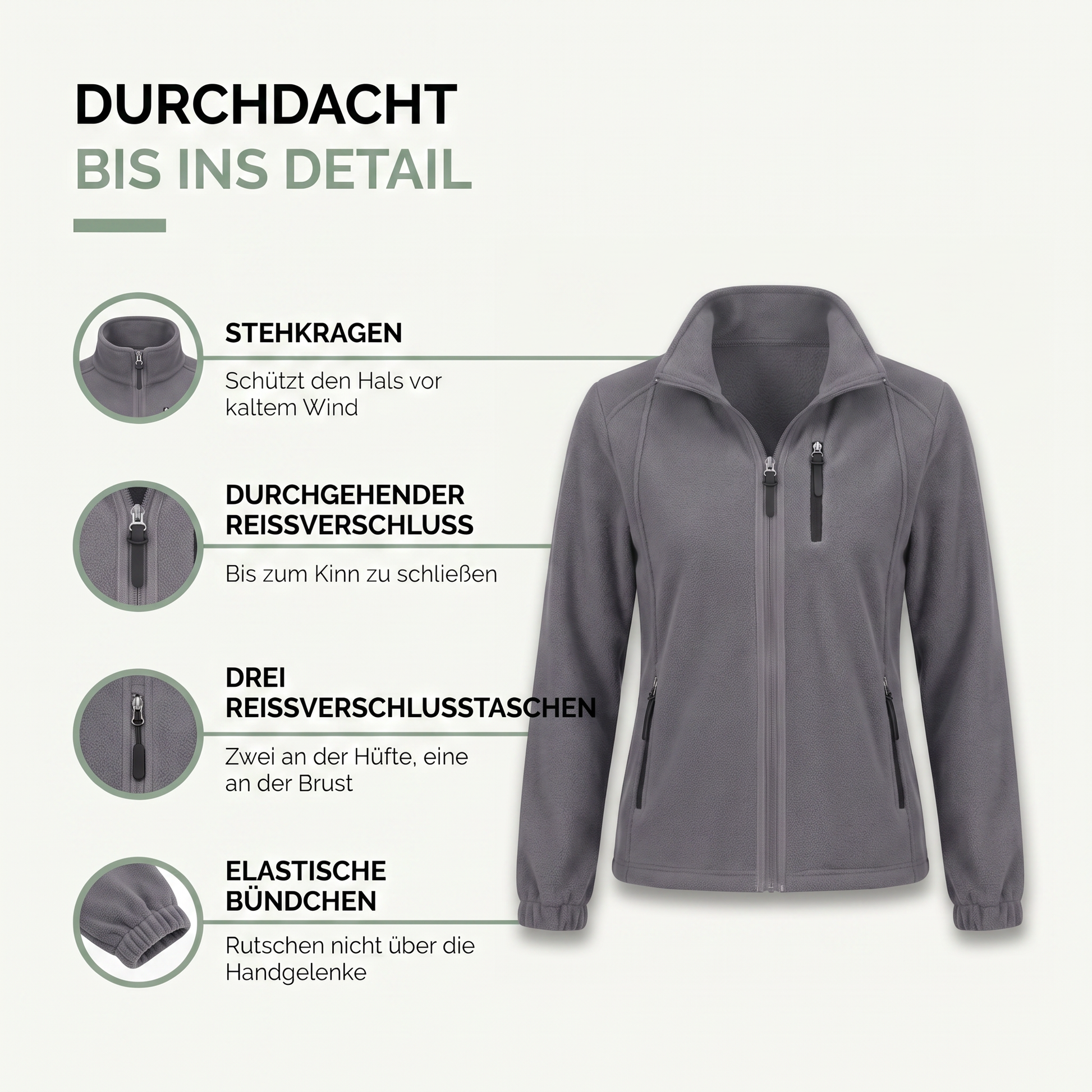 Fleecejacke Damen - Stehkragen - 3 Reißverschlusstaschen