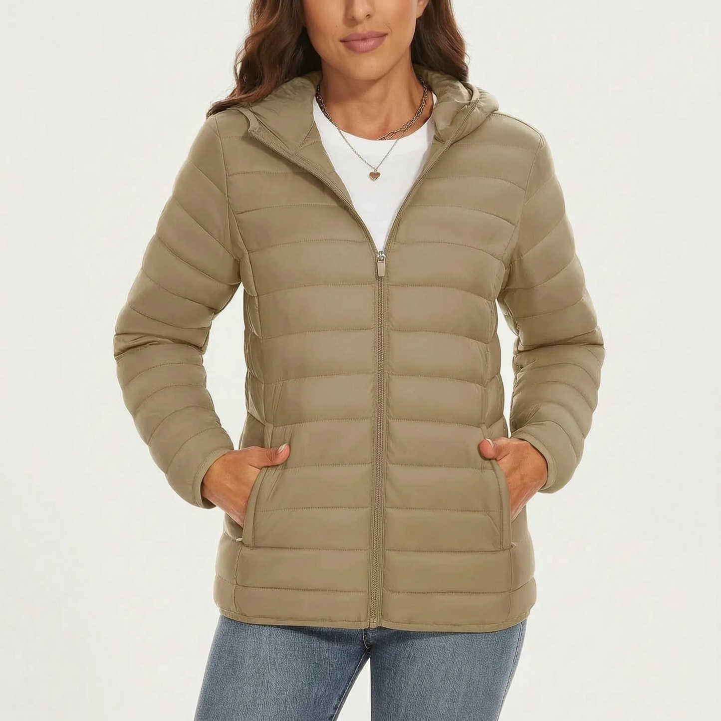 Leichte Steppjacke für Damen in Khaki mit Kapuze und Reißverschlusstaschen