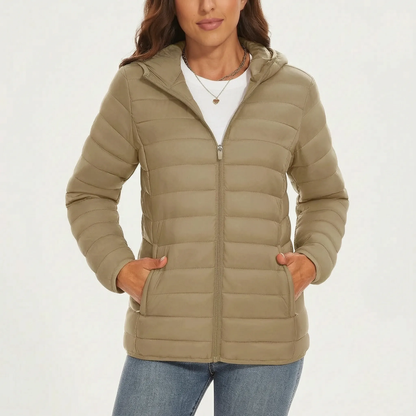 Leichte Steppjacke für Damen in Khaki mit Kapuze und Reißverschlusstaschen