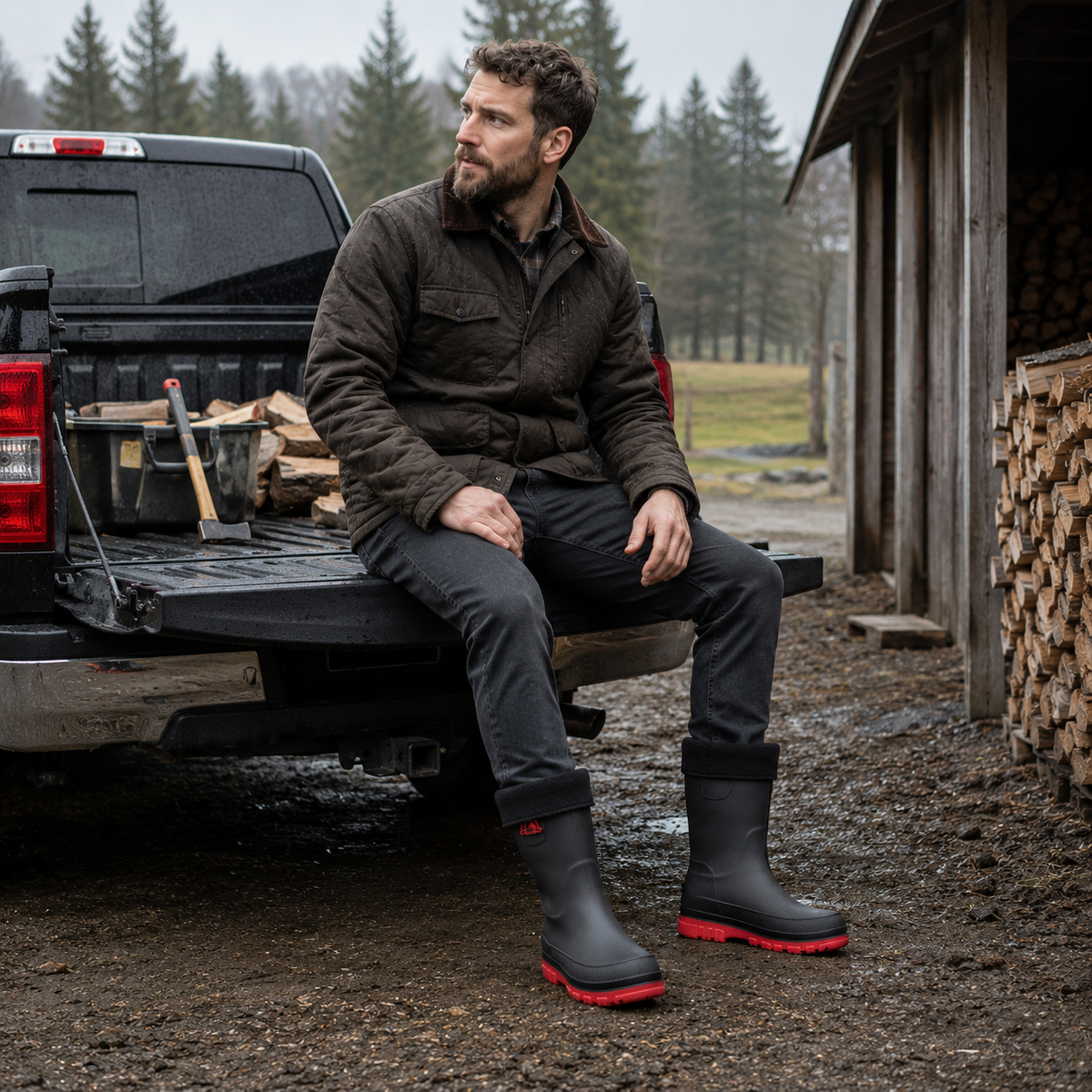 Gefütterte Gummistiefel Schwarz-Rot getragen am Holzstapel