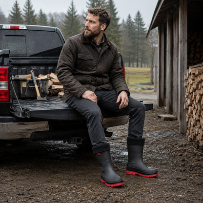 Gefütterte Gummistiefel Schwarz-Rot getragen am Holzstapel