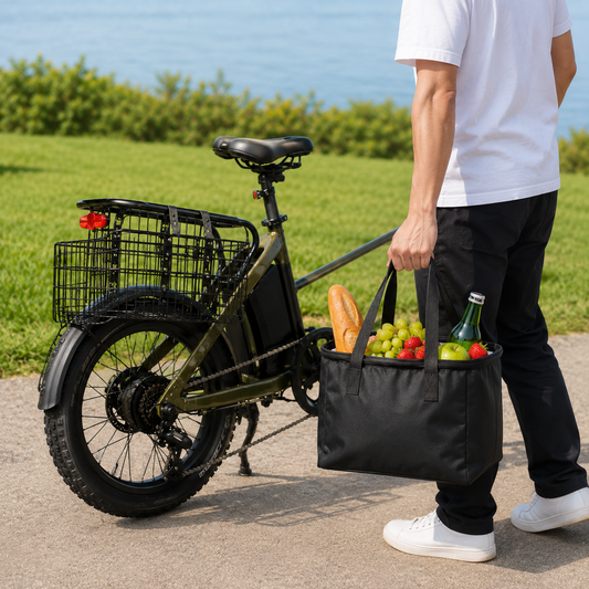 Fahrradkorb mit abnehmbarer Tasche als Einkaufstasche getragen neben dem Rad