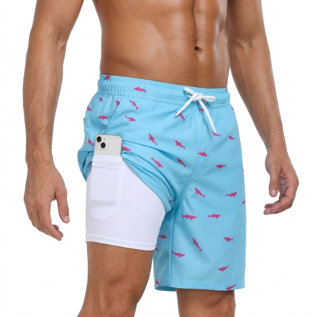 Tropische Badeshorts - Schnelltrocknend - Mit Handytasche