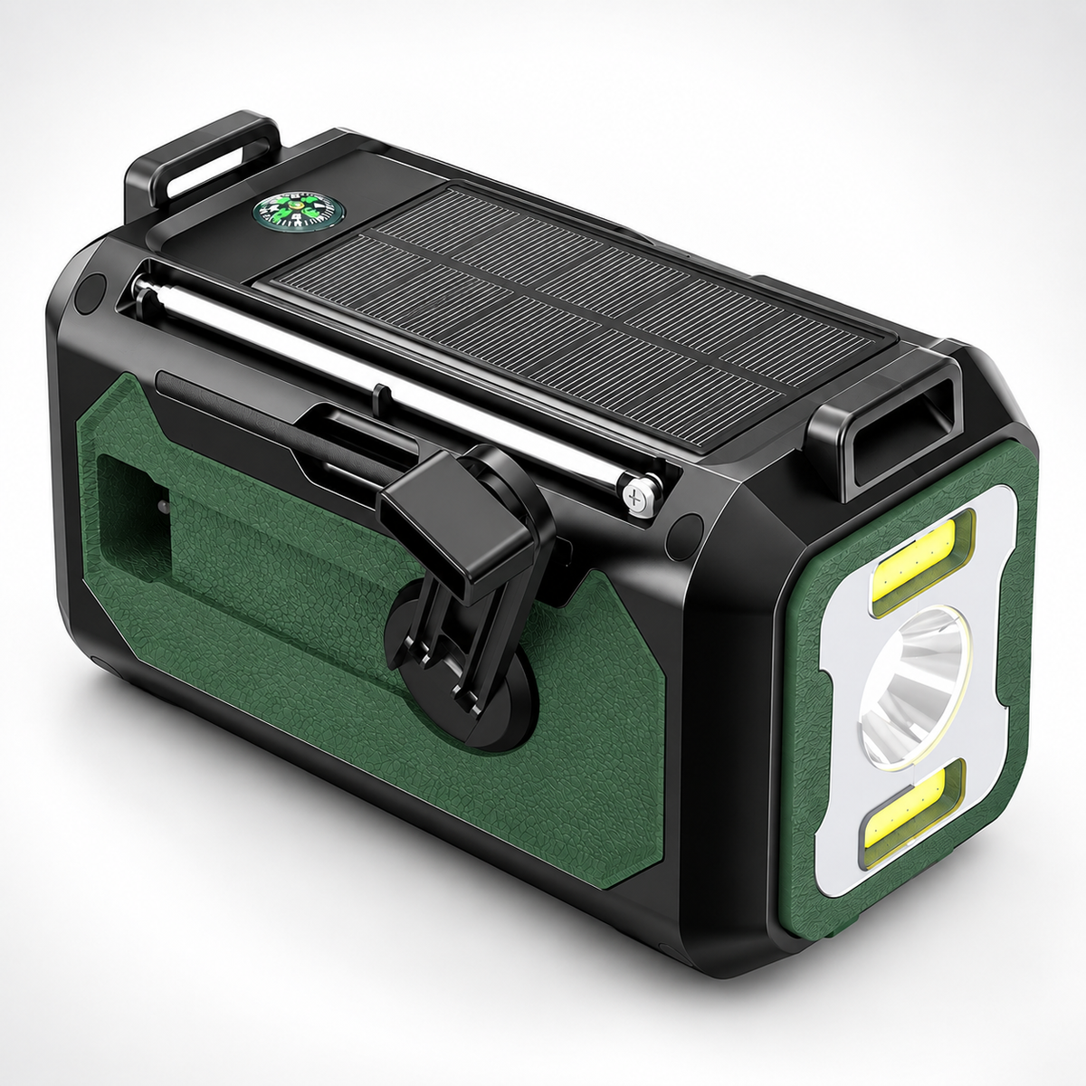 Kurbelradio Oberseite mit Solarpanel, Kompass und Handkurbel