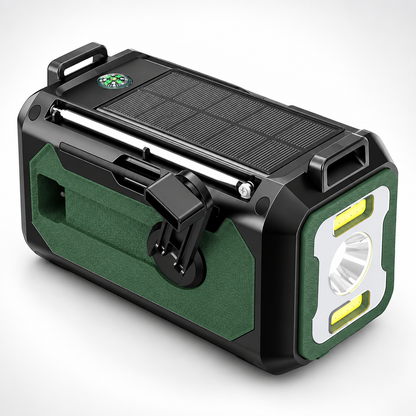 Kurbelradio Oberseite mit Solarpanel, Kompass und Handkurbel