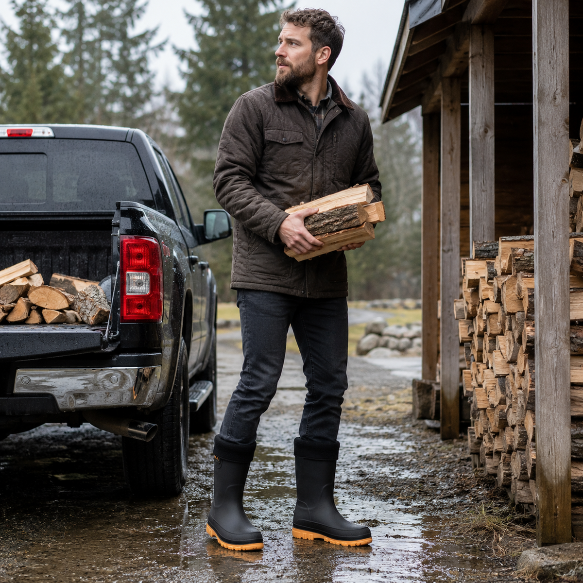 Gefütterte Gummistiefel Schwarz-Gelb beim Holztragen