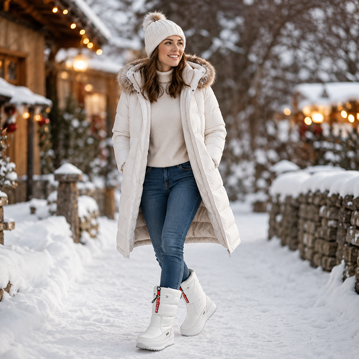 Winterstiefel Damen gefüttert in Weiß getragen zum langen hellen Mantel im Schnee
